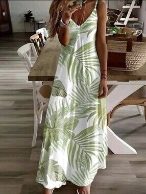 Tropical Green Leaf V-Neck Maxi Dress